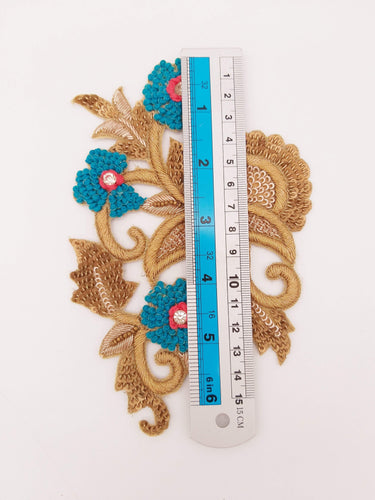 Antique Gold and Blue Embroidered Flower Applique Patch, Floral Applique, Floral Motif